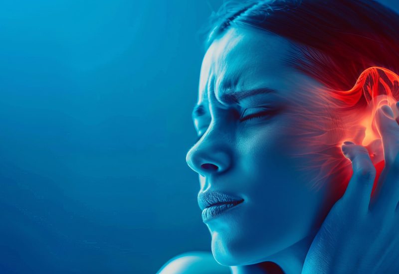 a female with ear pain, red glowing color on ear showing pain , blue medical background --ar 16:9 Job ID: 9b3c53e7-2fd3-4f46-a9dc-069b944c2691