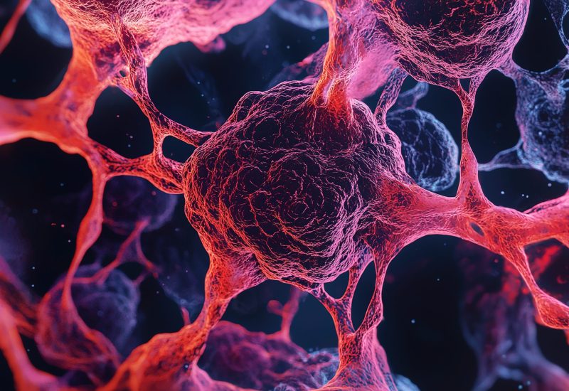 Close-up digital illustration of neural cells interconnected by branching structures, highlighting a network of complex biological communication.